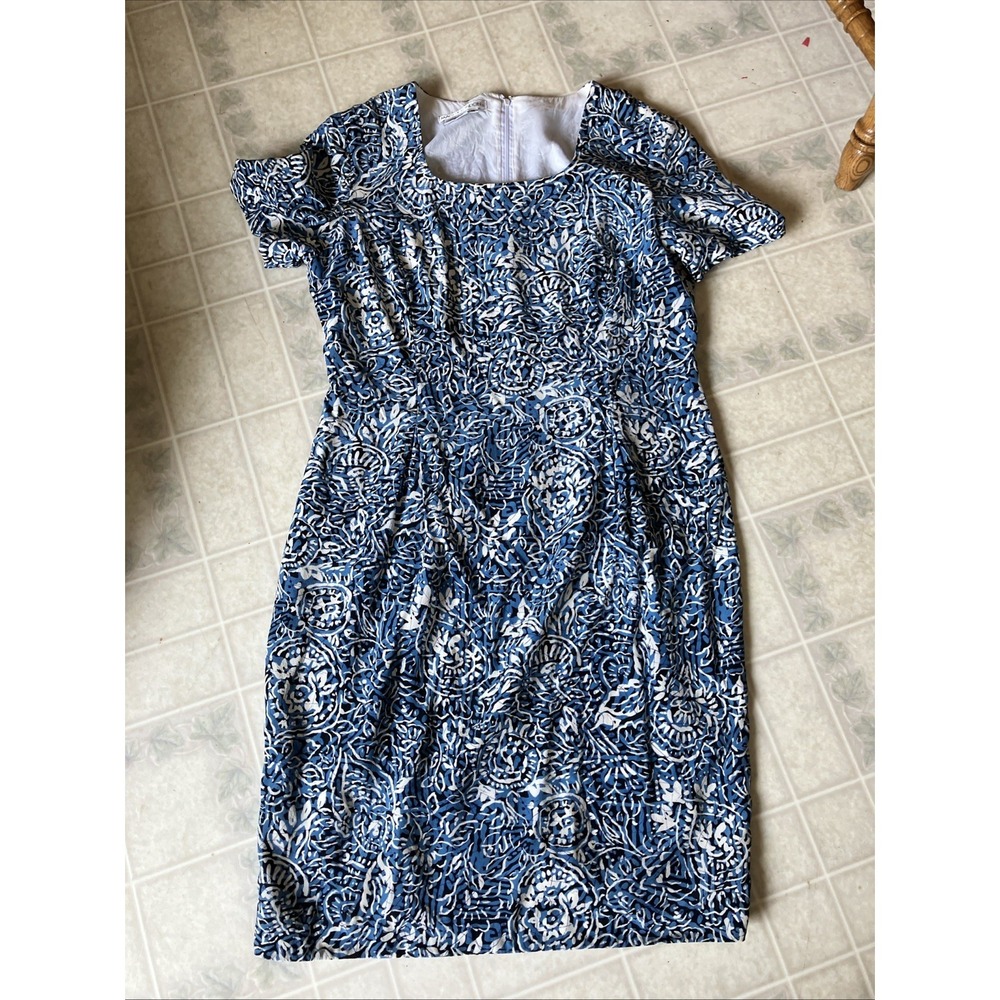Old Money Blue Floral 100% Silk‎ Sheath Pleated Dress Cap Sleeve Round Neck 14